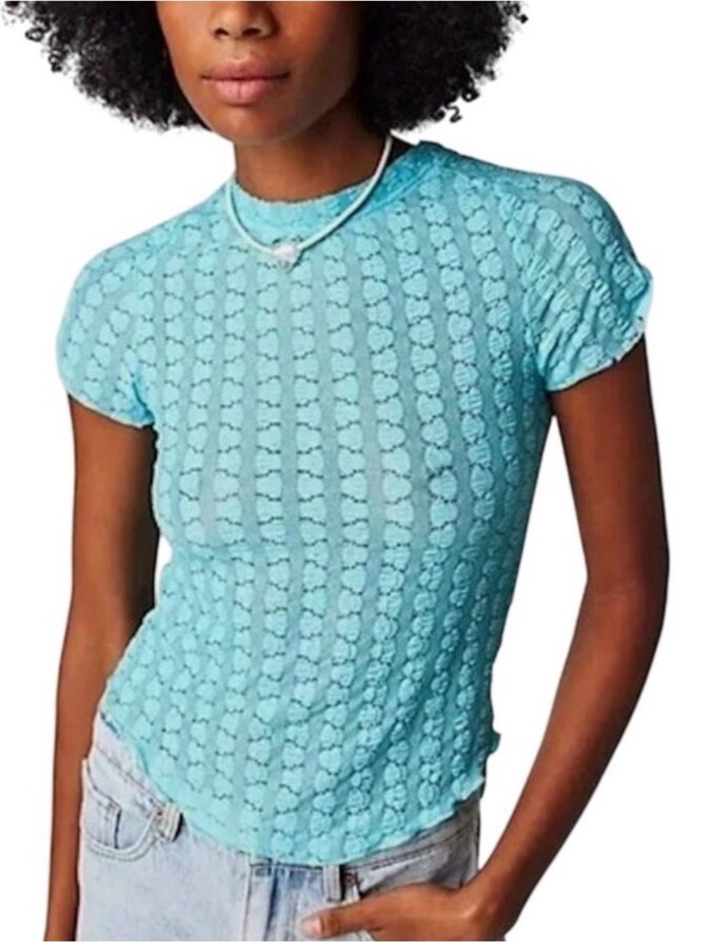 Free People Aqua Lace Short Sleeve Tee